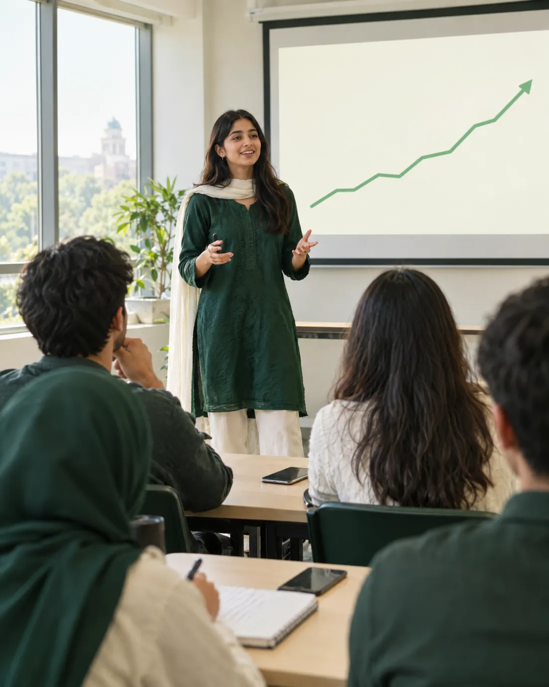 A student leading a PSX 101 session for classmates in a seminar room