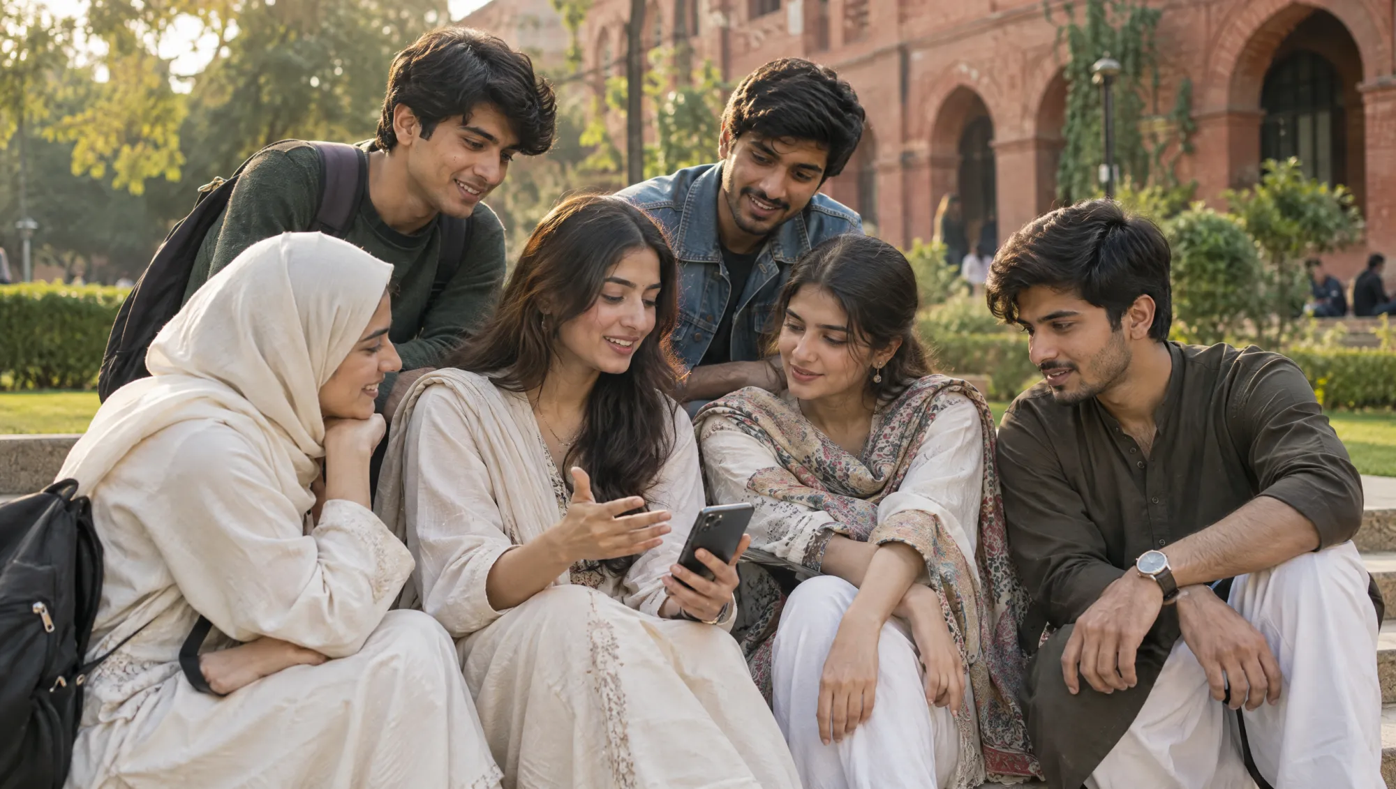 University students on campus steps gathered around a friend explaining something on her phone