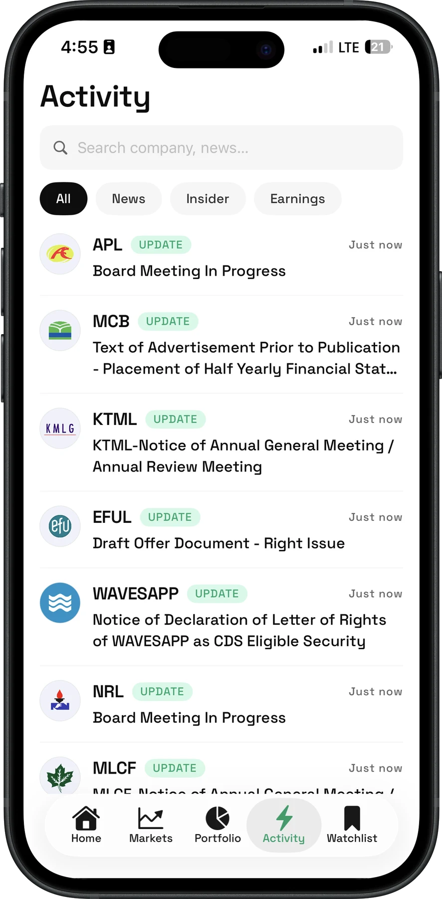 Nafa activity feed with live company announcements