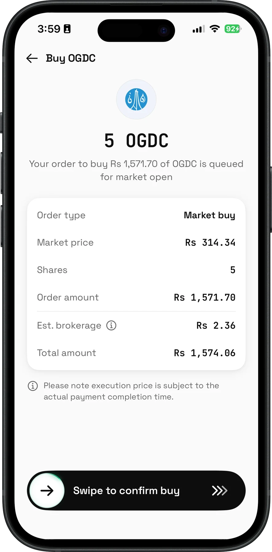 Swipe to confirm a buy order on Nafa