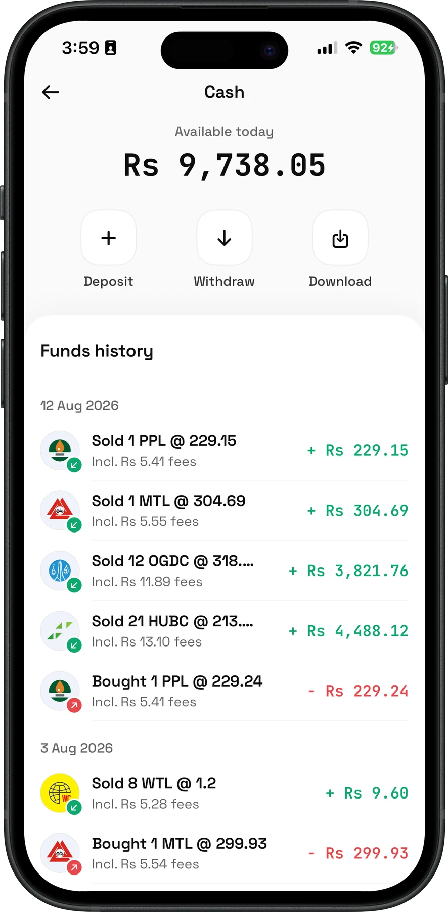 Nafa cash screen with deposits, withdrawals and funds history
