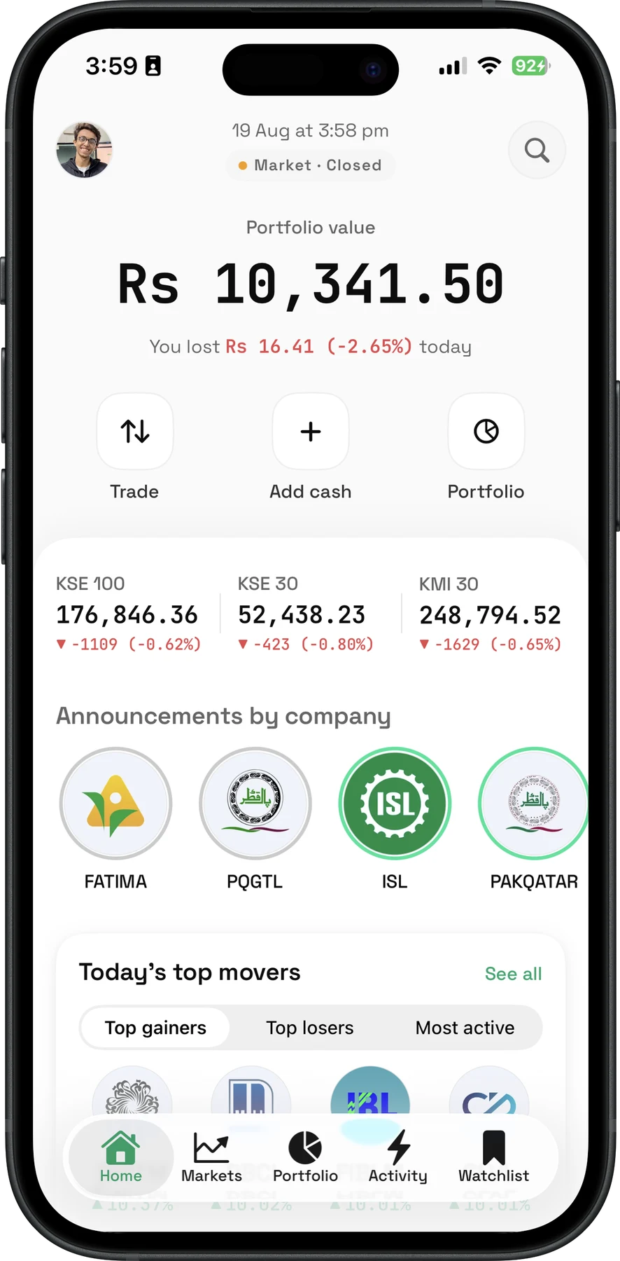 Nafa home screen with portfolio value, PSX indices and top movers