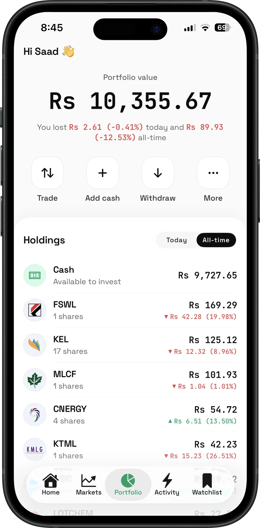 Nafa portfolio screen with live PSX holdings